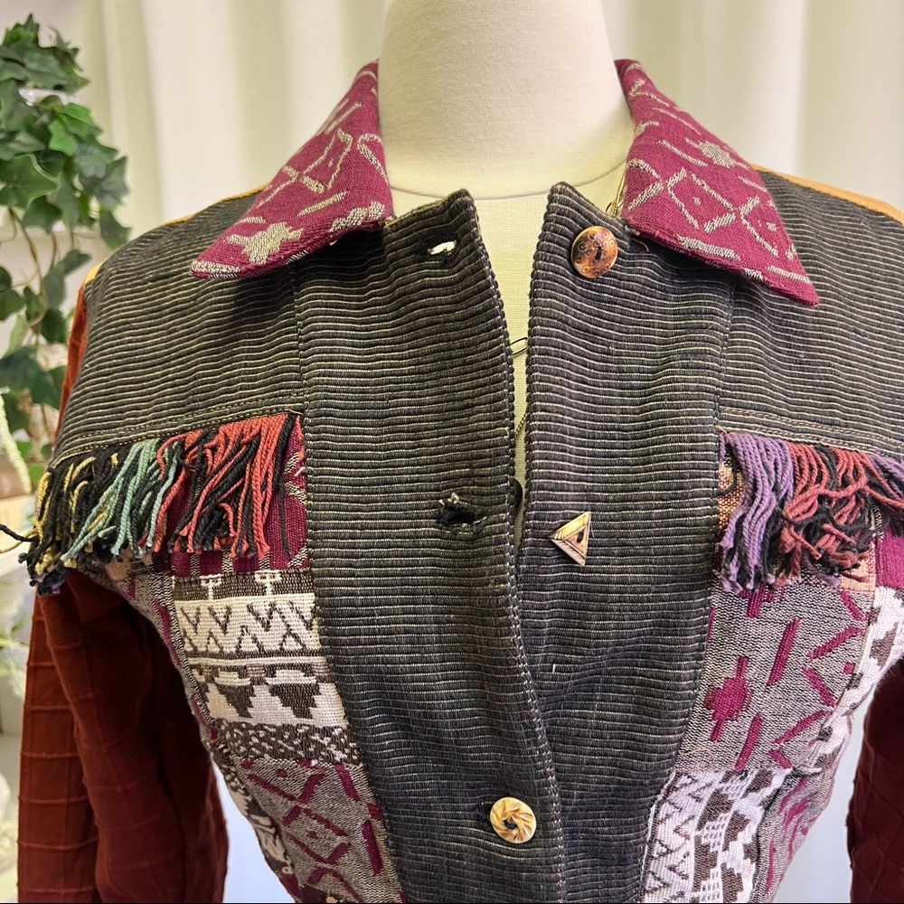 90s Passports by Pier 1 Imports Eclectic Fringe Patchwork Cropped Jacket - Picture 7 of 13